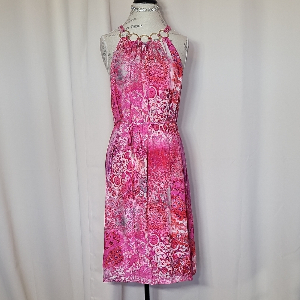 Tahari Courtney Silk Vibrant Pink Halter Gold Accent Dress